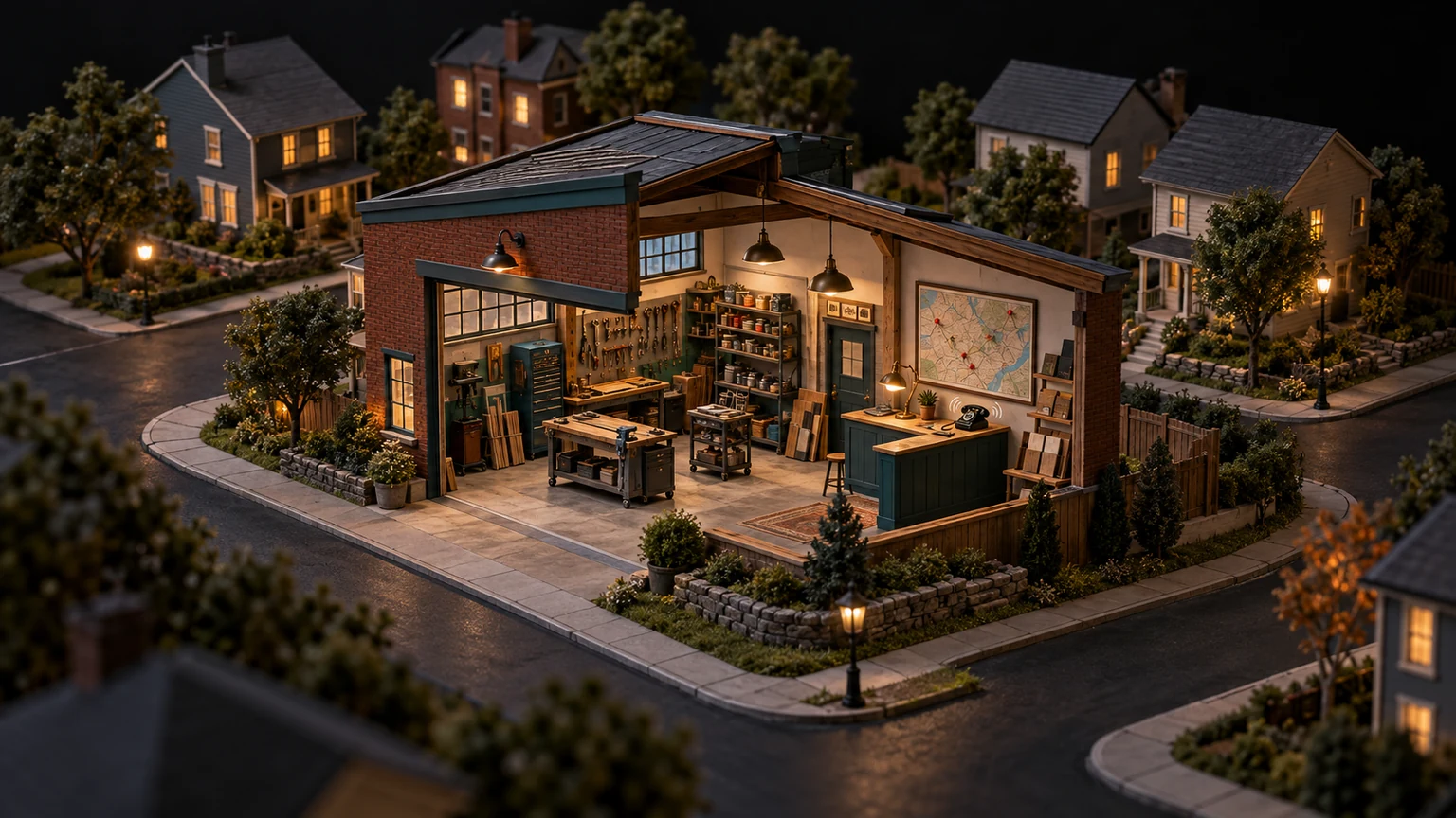 Architectural cutaway model of a neighborhood service workshop showing tools, work samples, a phone, and a pinned service-area map