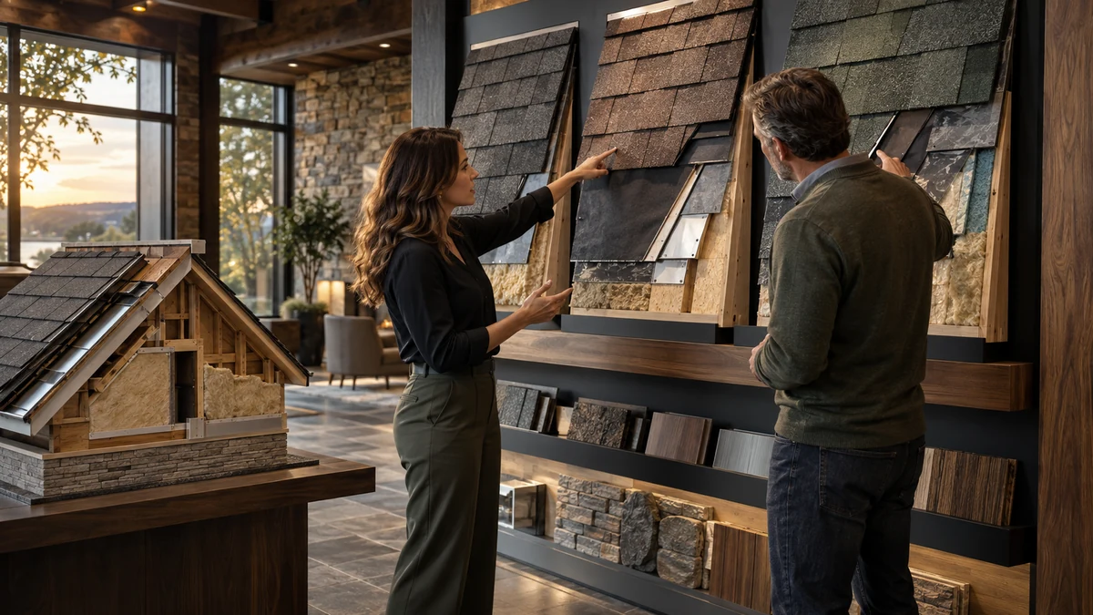 Roofing advisor and homeowner compare roof assemblies at a sample wall beside a physical house section