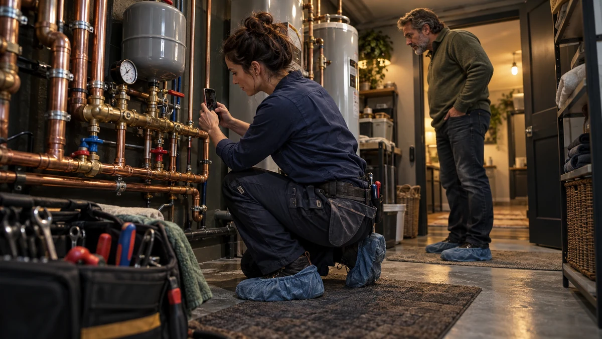 Female plumber documents a completed copper manifold repair while the homeowner verifies the restored system
