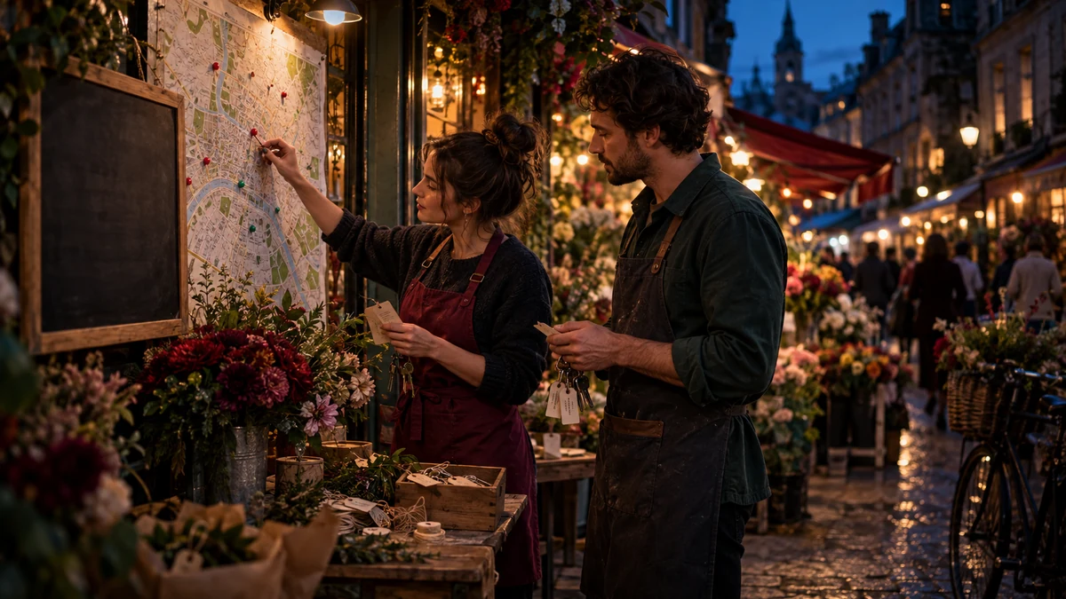 Two flower-market operators update a neighborhood delivery map using location pins, order tags, and storefront keys