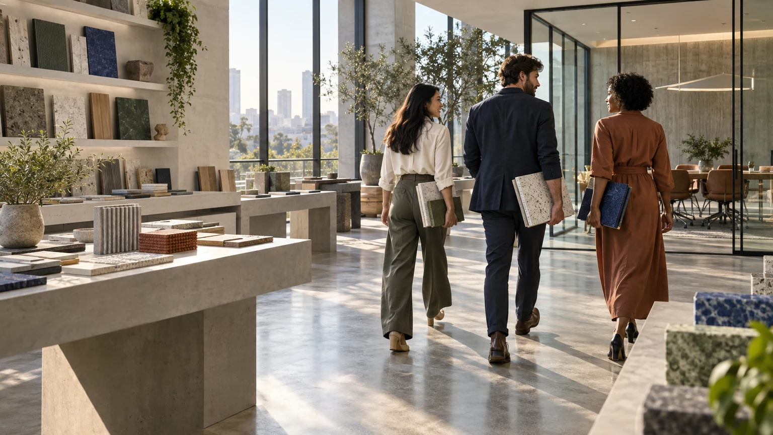 Three procurement professionals carry selected material samples toward a project room in a sunlit design library