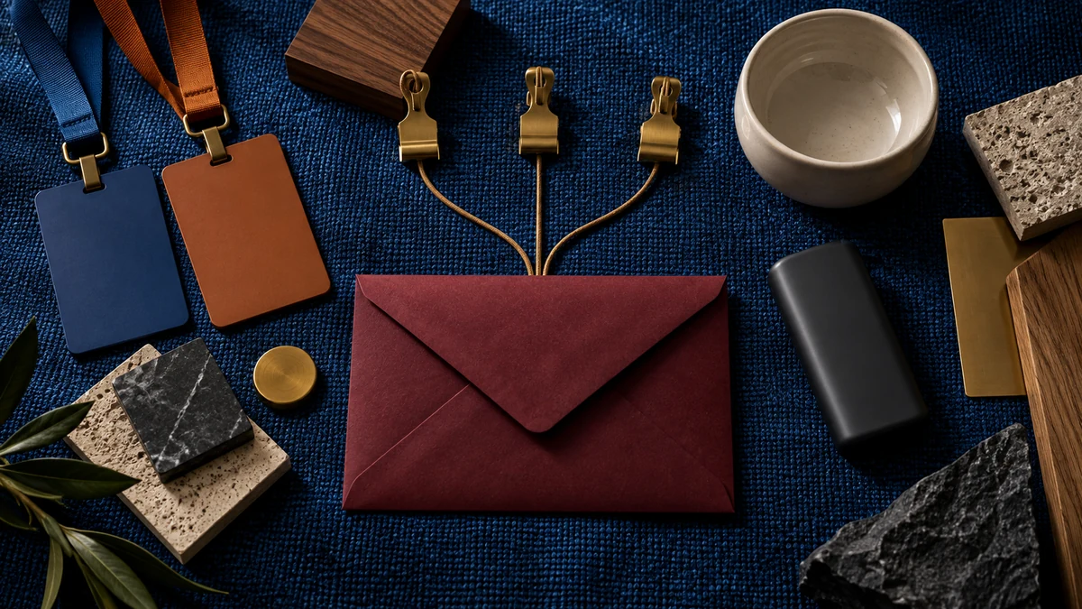 Blank event badges, material samples, a referral token, and brass clips converge on a sealed shortlist envelope