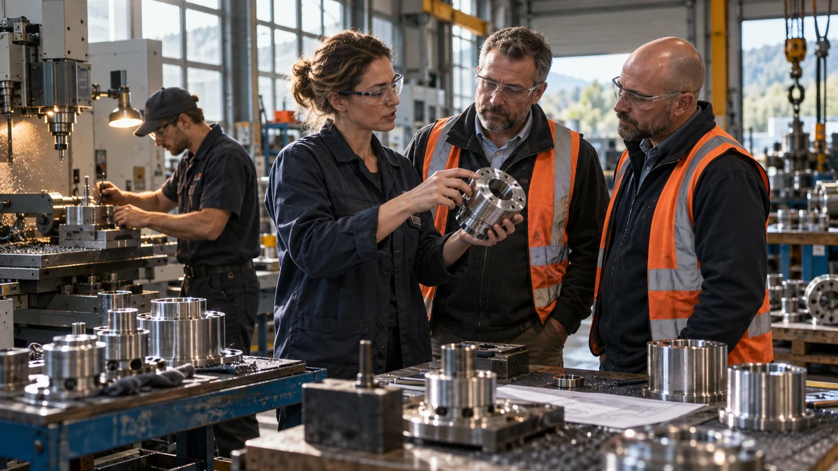 Supplier demonstrates a machined component to two operations leaders while a technician tests another part