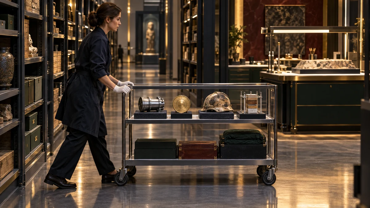 Archive conservator moves four distinct evidence artifacts toward an illuminated inspection bay