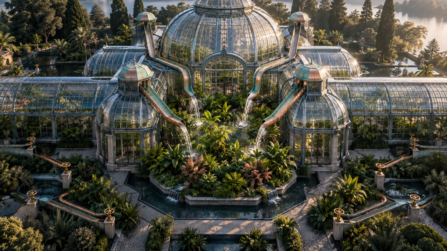 A glasshouse routes water through four copper channels into one central garden while outside valves remain closed