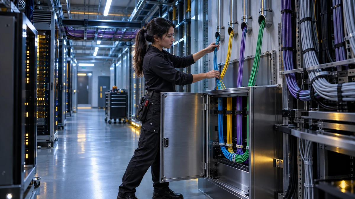 Web operations specialist routes four approved colored fiber lines into one secured collection cabinet