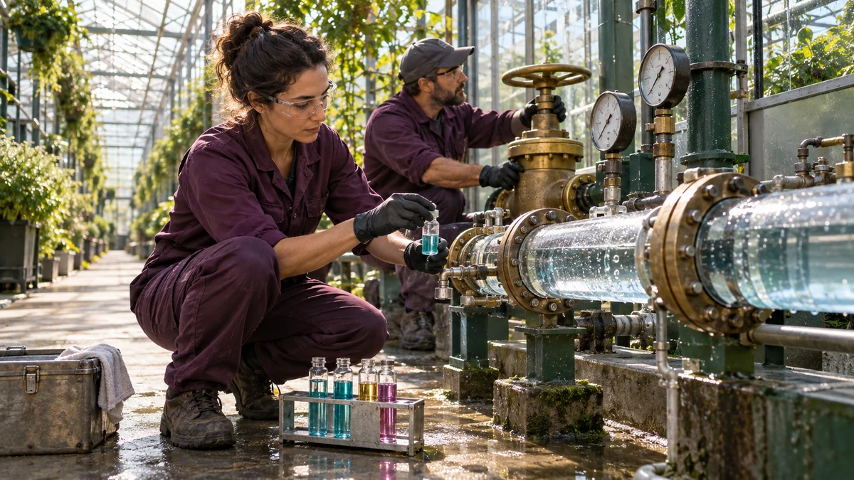 Two water-quality technicians test a transparent pipe manifold before opening the main brass valve
