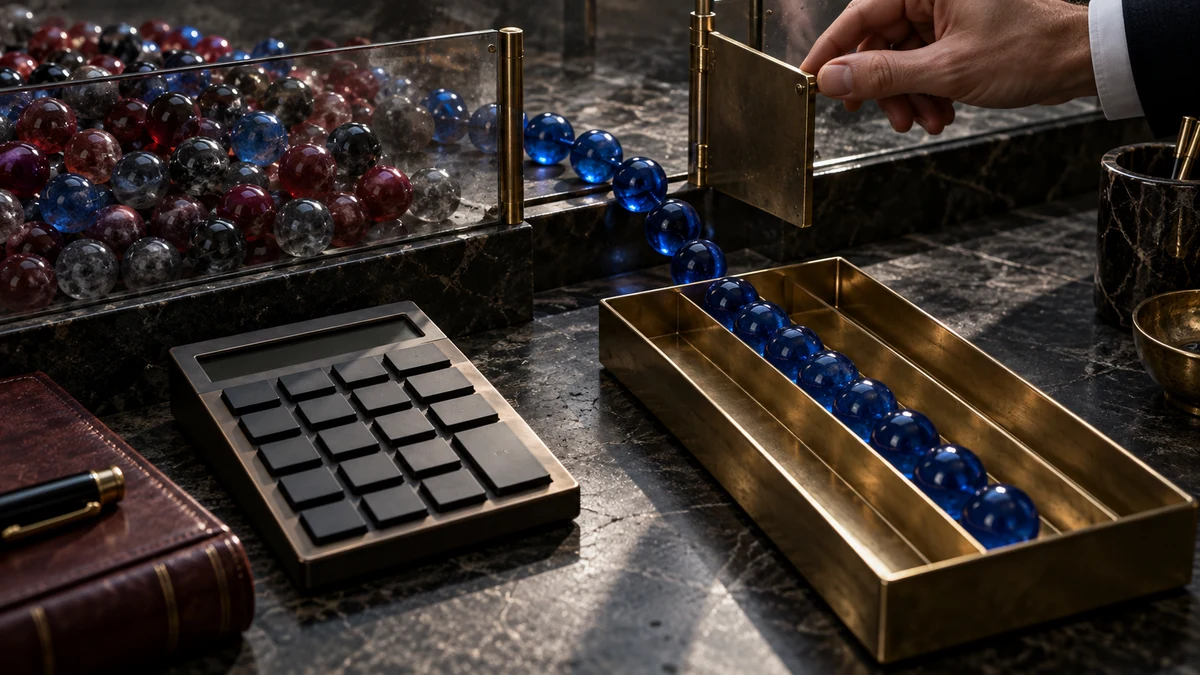 Cobalt glass tokens pass through a brass gate into a clean tray while mixed tokens remain separated
