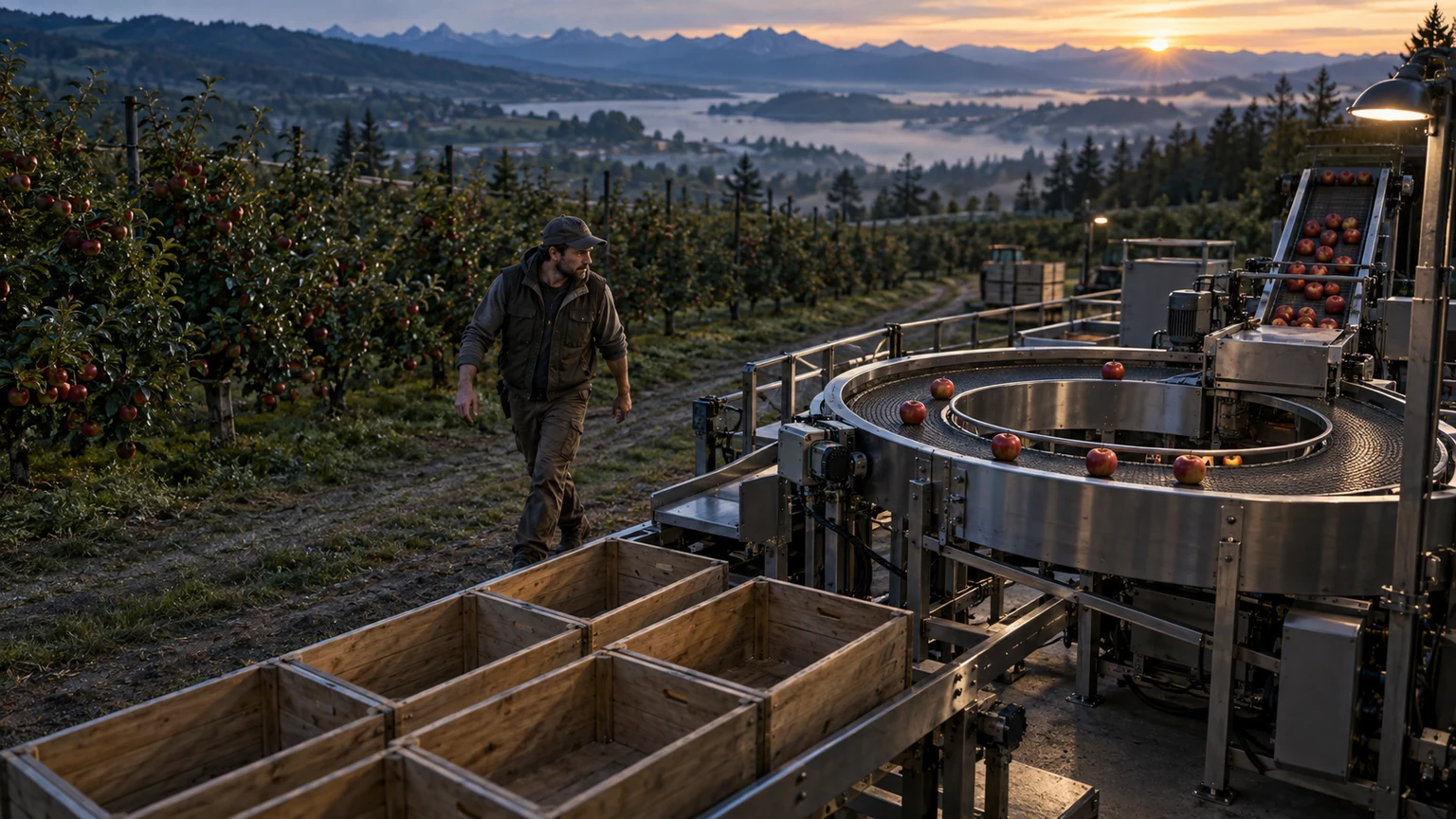 An orchard manager watches apples circle a steel sorting loop while empty wooden shipping crates wait nearby