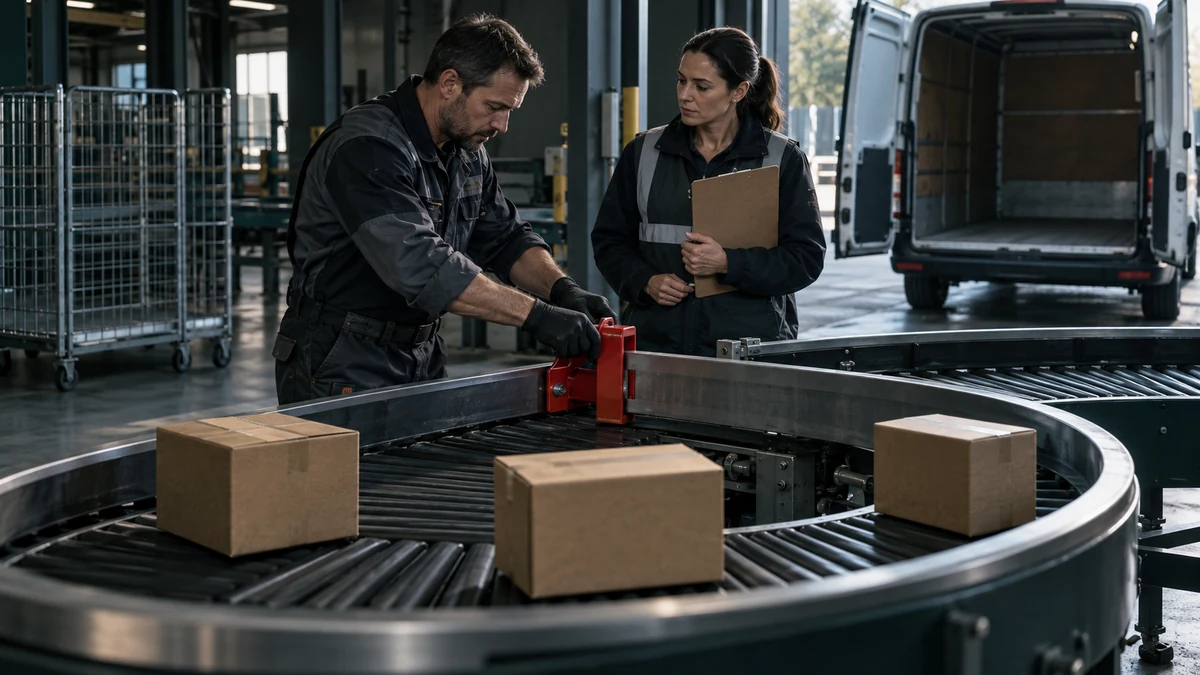 Two parcel-depot specialists install a red stop collar on a circular conveyor while an empty van waits