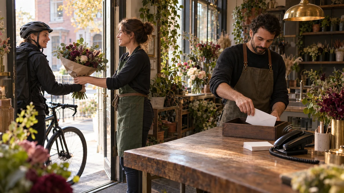 A florist hands a completed bouquet to a bicycle courier while an assistant files a plain order envelope