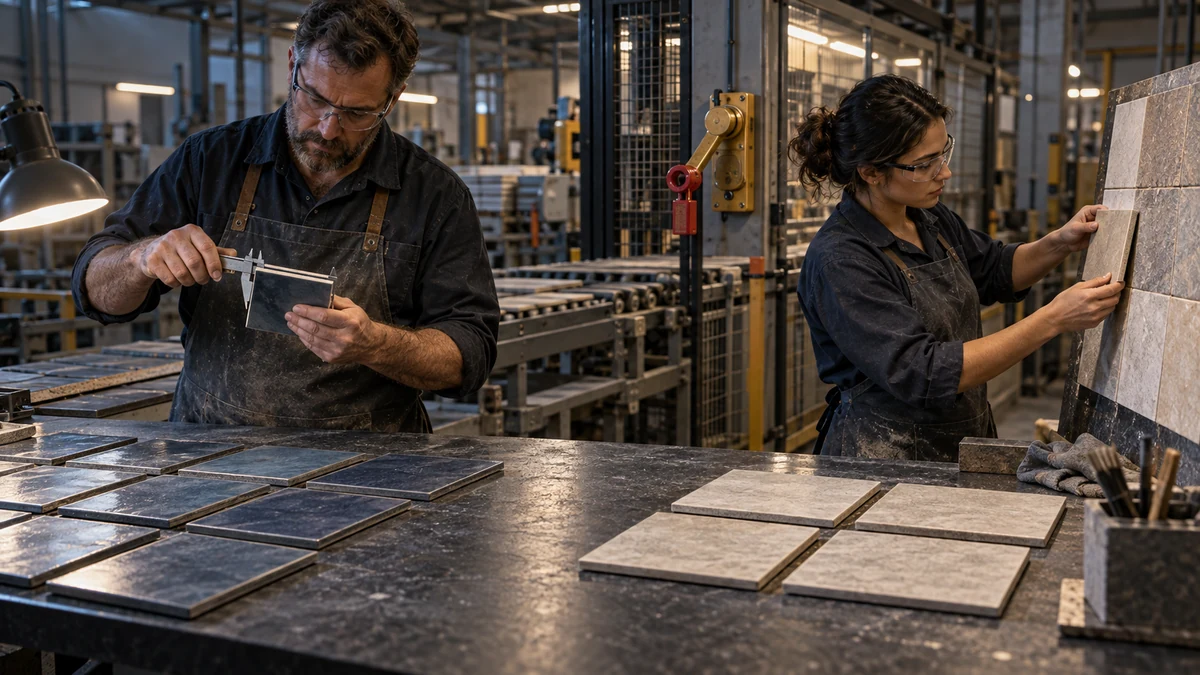 Two tile-workshop reviewers measure and compare samples while a red safety pin locks the release lever