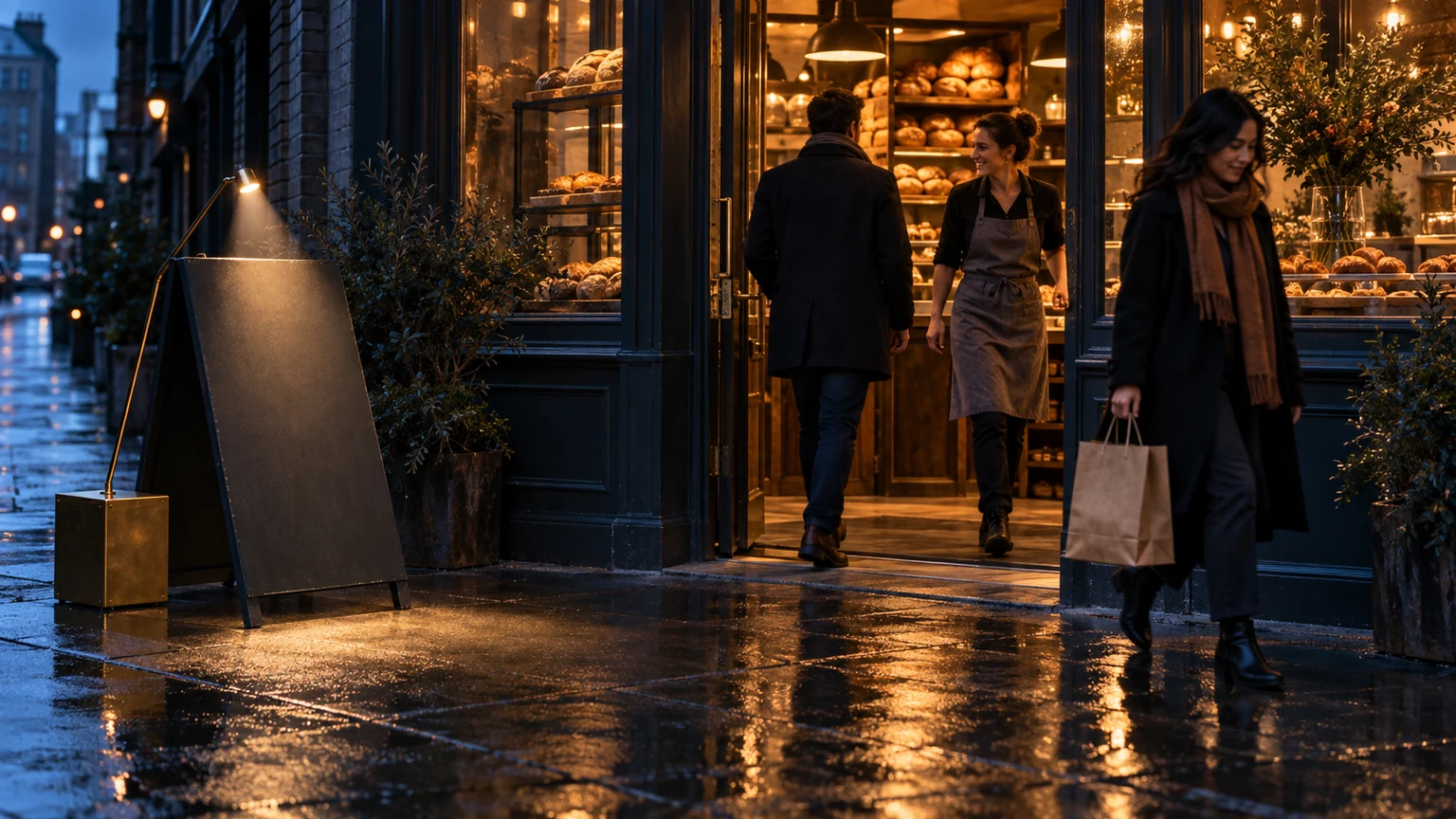 A bakery owner welcomes customers while a temporary spotlight illuminates a blank sidewalk board outside at blue hour