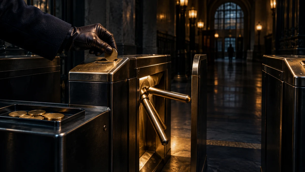 A gloved hand places one brass token into a mechanical turnstile while unused tokens wait nearby