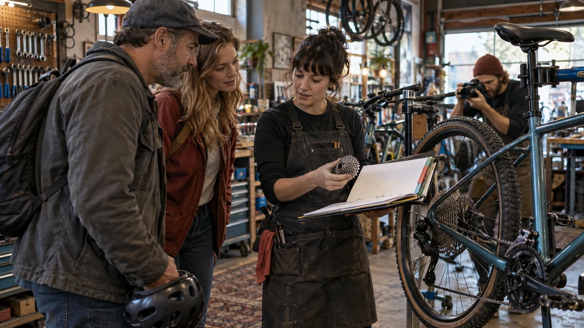 A bicycle mechanic shows two customers a repaired component and organized service record while the finished bike is documented