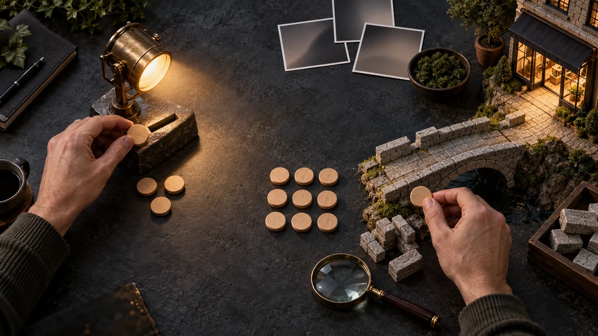 Hands allocate wooden budget tokens between a brass spotlight and a stone bridge leading to a miniature storefront