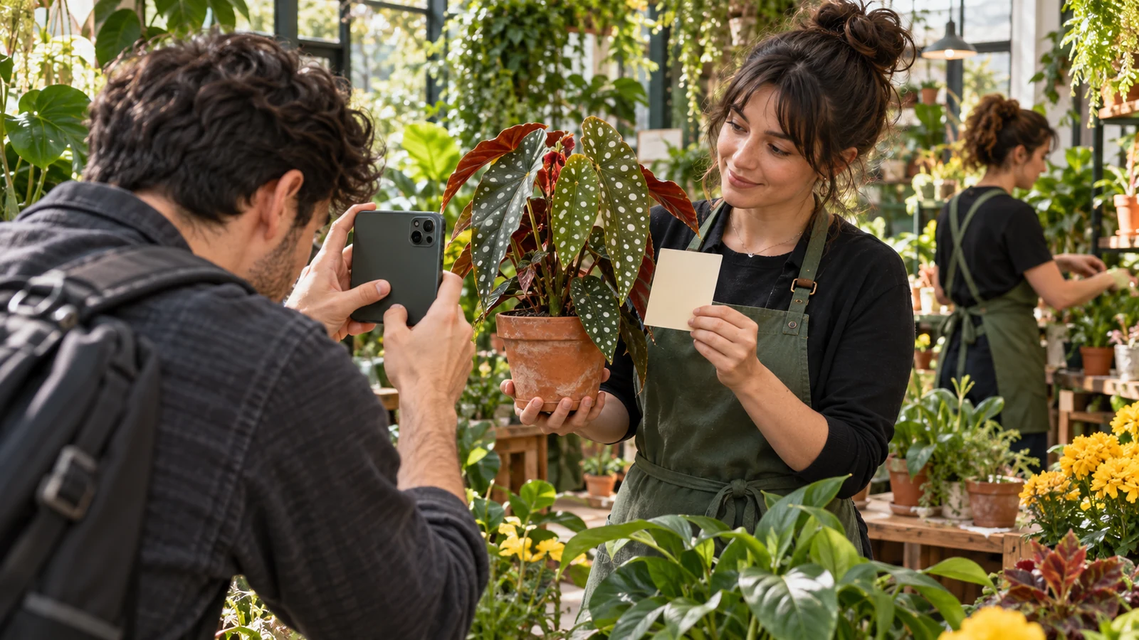 A garden-center customer photographs a spotted plant while an employee presents a healthy matching plant in warm daylight
