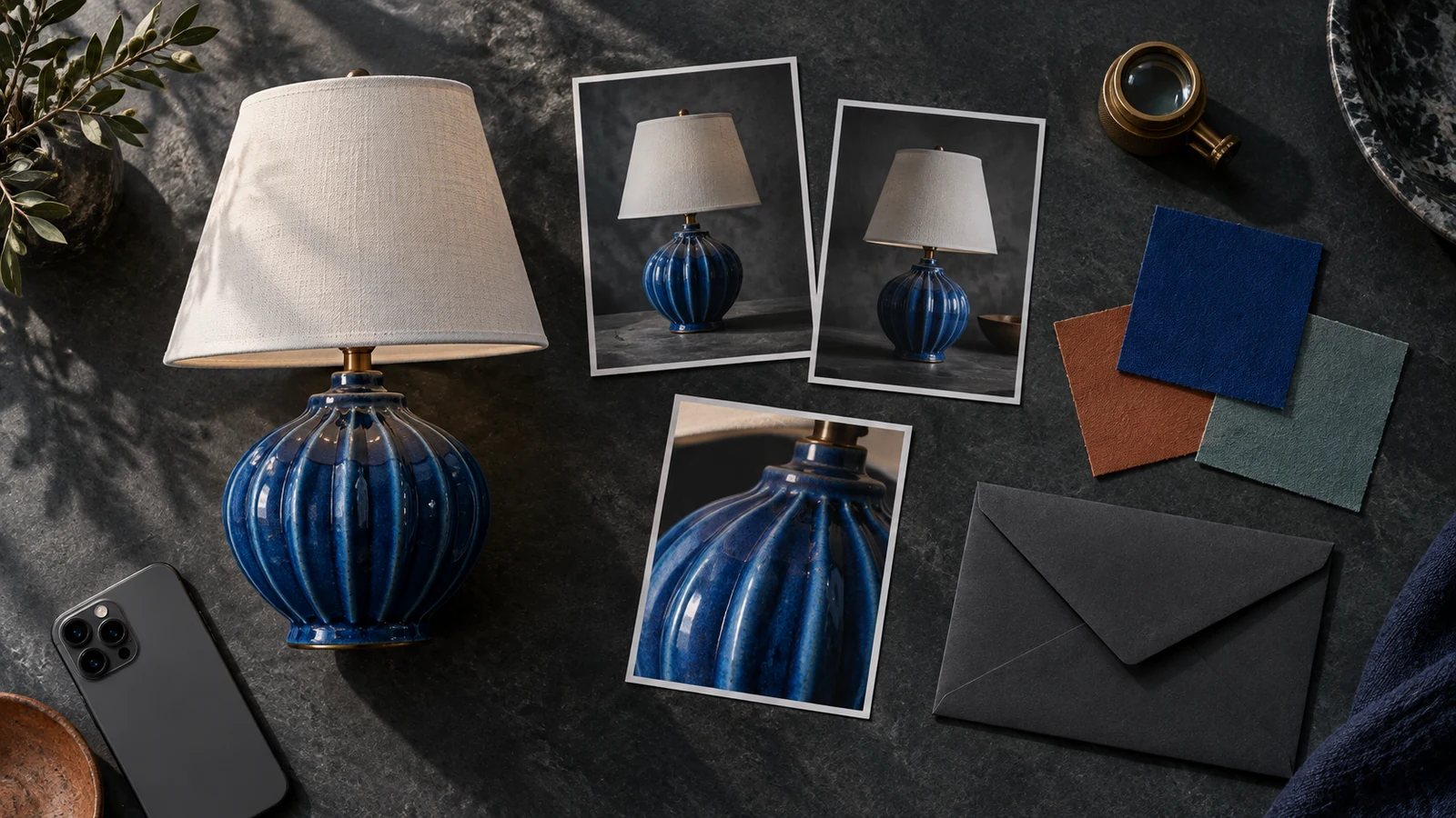 A blue ceramic lamp sits beside matching product photographs, color swatches, a face-down phone, and a sealed envelope