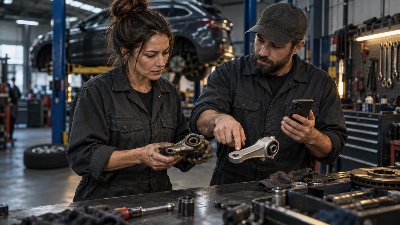 Two mechanics compare a worn suspension part with a replacement while one holds a phone with its rear camera visible