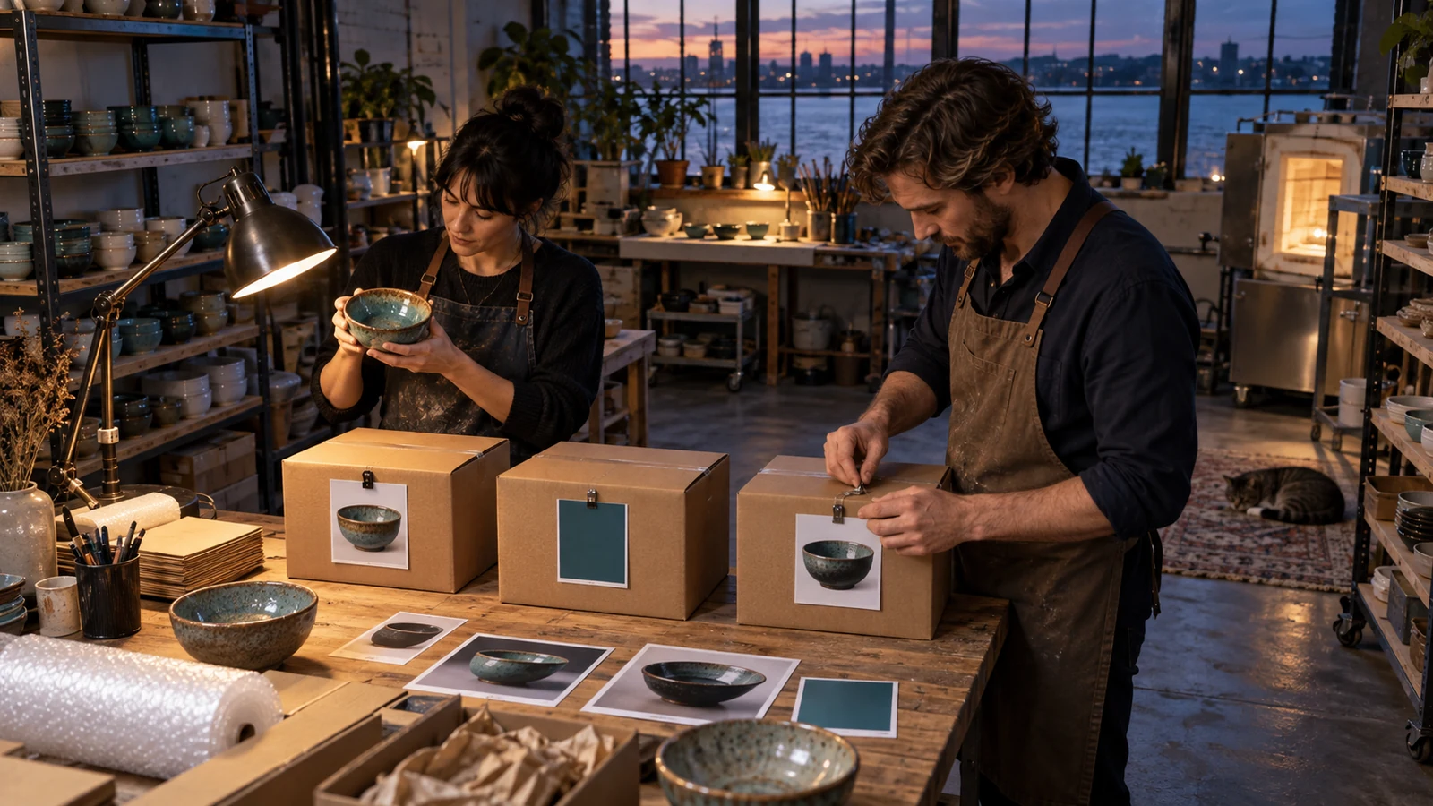 Two ceramic makers match glazed bowls to product photographs and packed shipping boxes in a dusk-lit studio