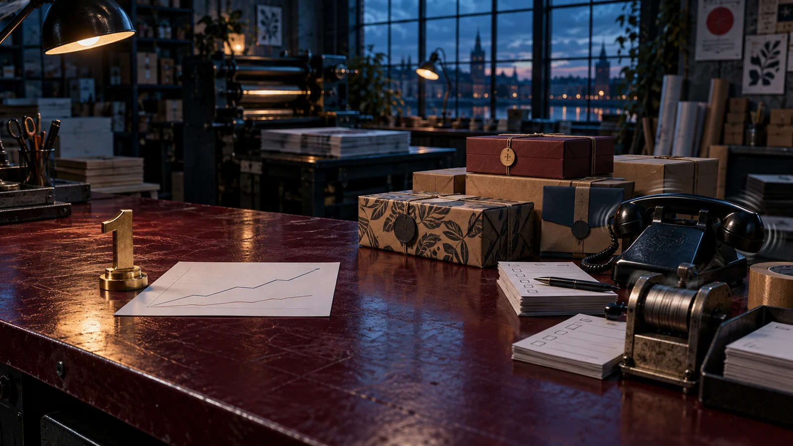 A brass number-one trophy sits apart from packed orders, call slips, and a black desk phone on a burgundy workshop table