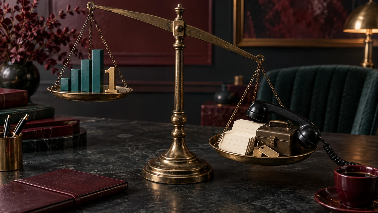 A brass scale weighs a teal ranking sculpture against a telephone, blank appointment cards, key tags, and a cash box