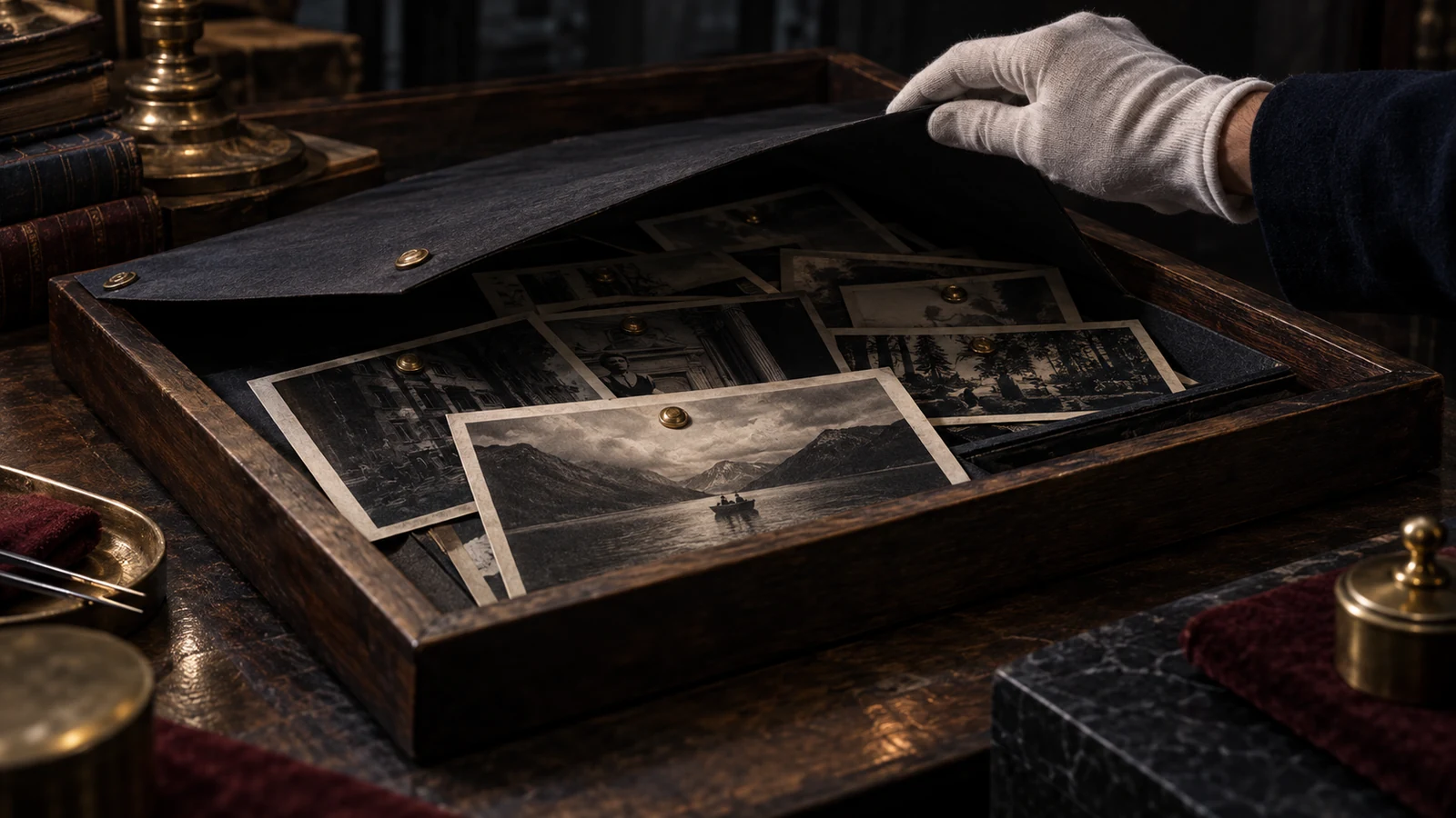A gloved archivist lifts a dark flap to reveal layered photographs marked at different depths inside a wooden tray