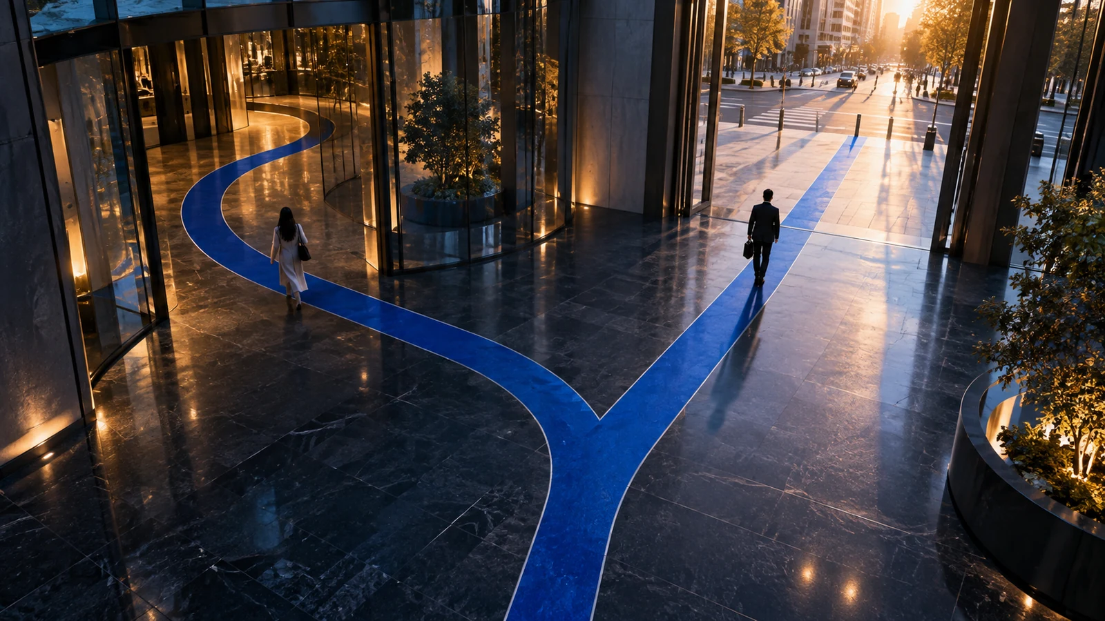 Two travelers follow a cobalt path that forks between an interior hall and an open street entrance in a modern concourse