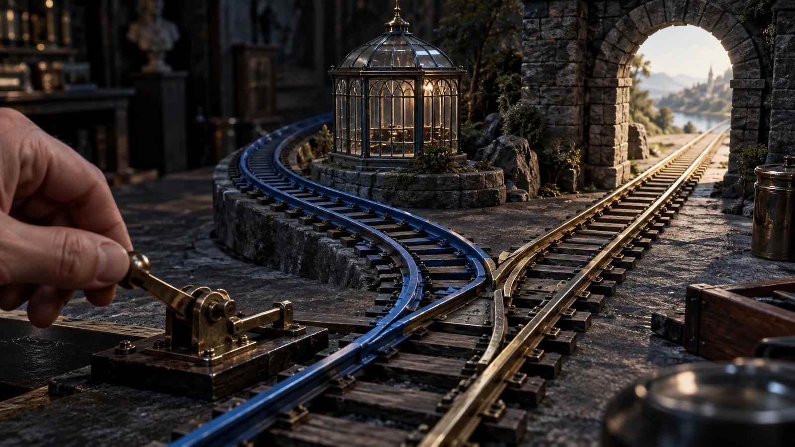 A hand turns a brass railway switch where cobalt rails circle a glass pavilion and brass rails pass through a stone arch