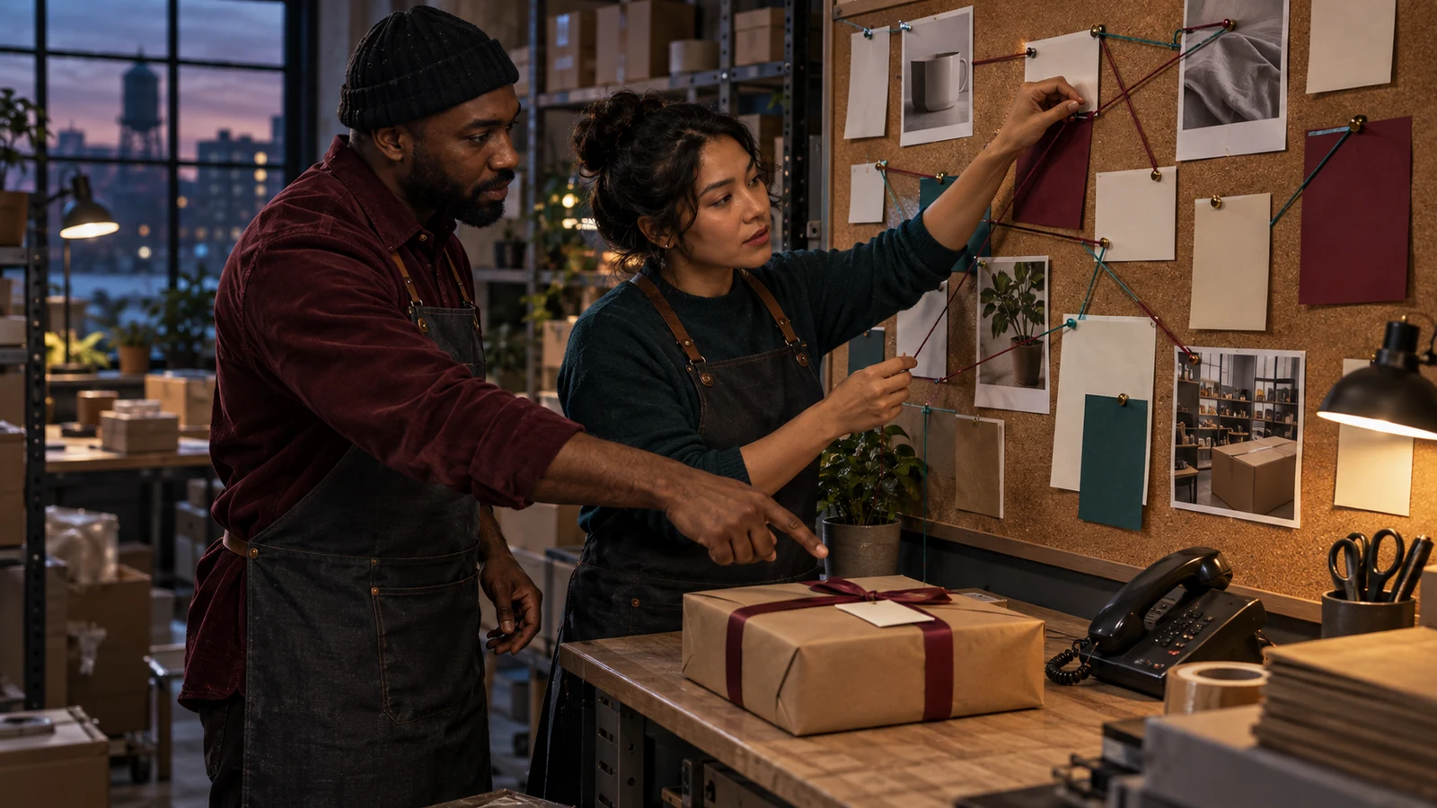 Two shop managers connect blank paper artifacts with colored thread above a packed order and corded phone