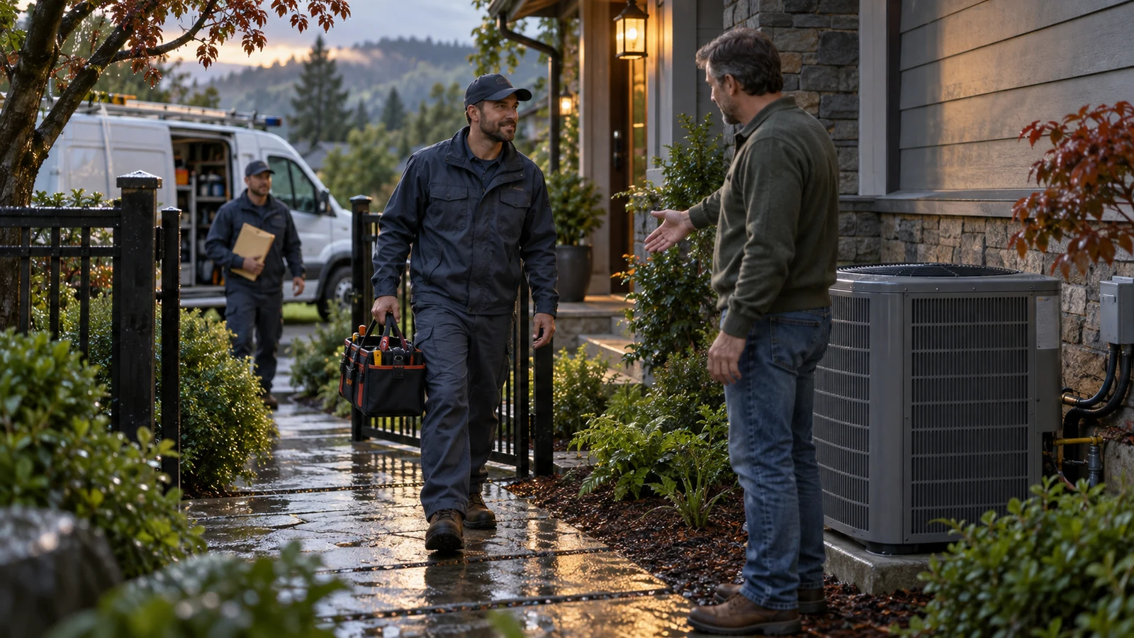 An HVAC technician carrying a tool bag approaches a homeowner beside an outdoor condenser and an unbranded service van