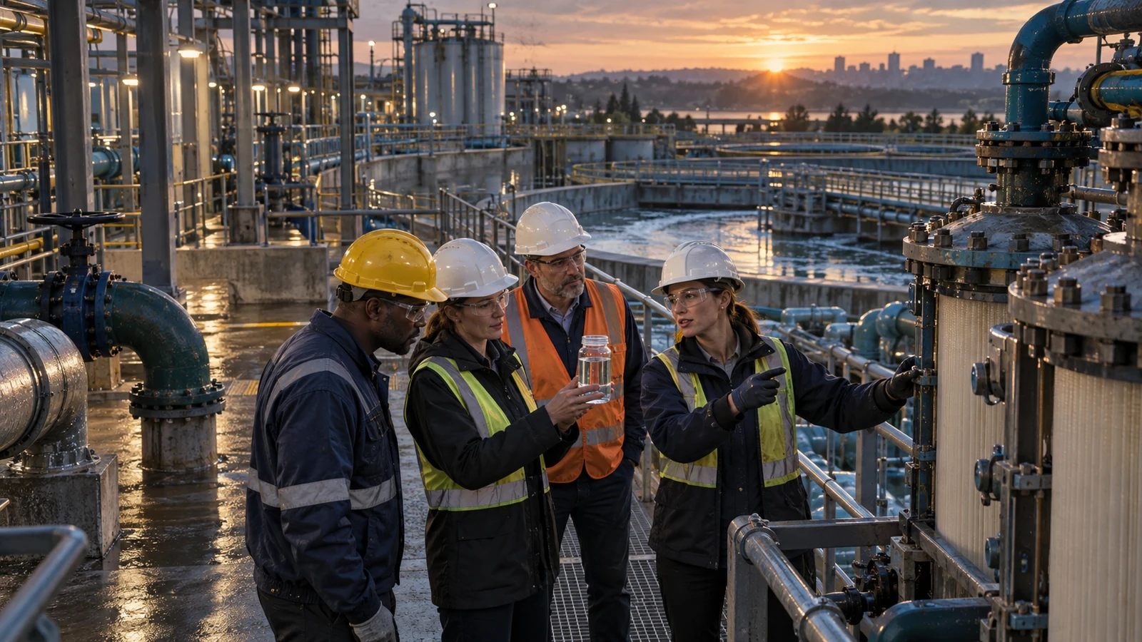 Four procurement stakeholders inspect water-treatment equipment and a sample with a supplier engineer at sunrise