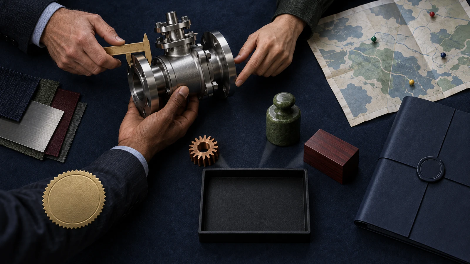 Three people verify a machined valve using calipers, material swatches, a service map, and tactile decision objects