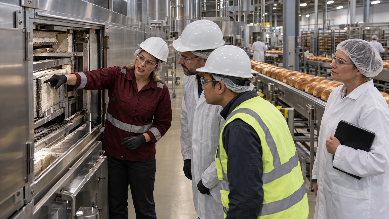Equipment specialist shows three commercial bakery buyers an oven component beside an active bread production line