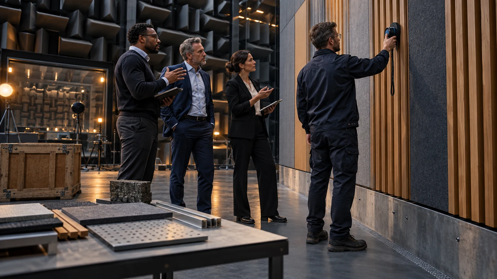 Supplier technician measures an acoustic wall while three procurement stakeholders compare full-size material samples
