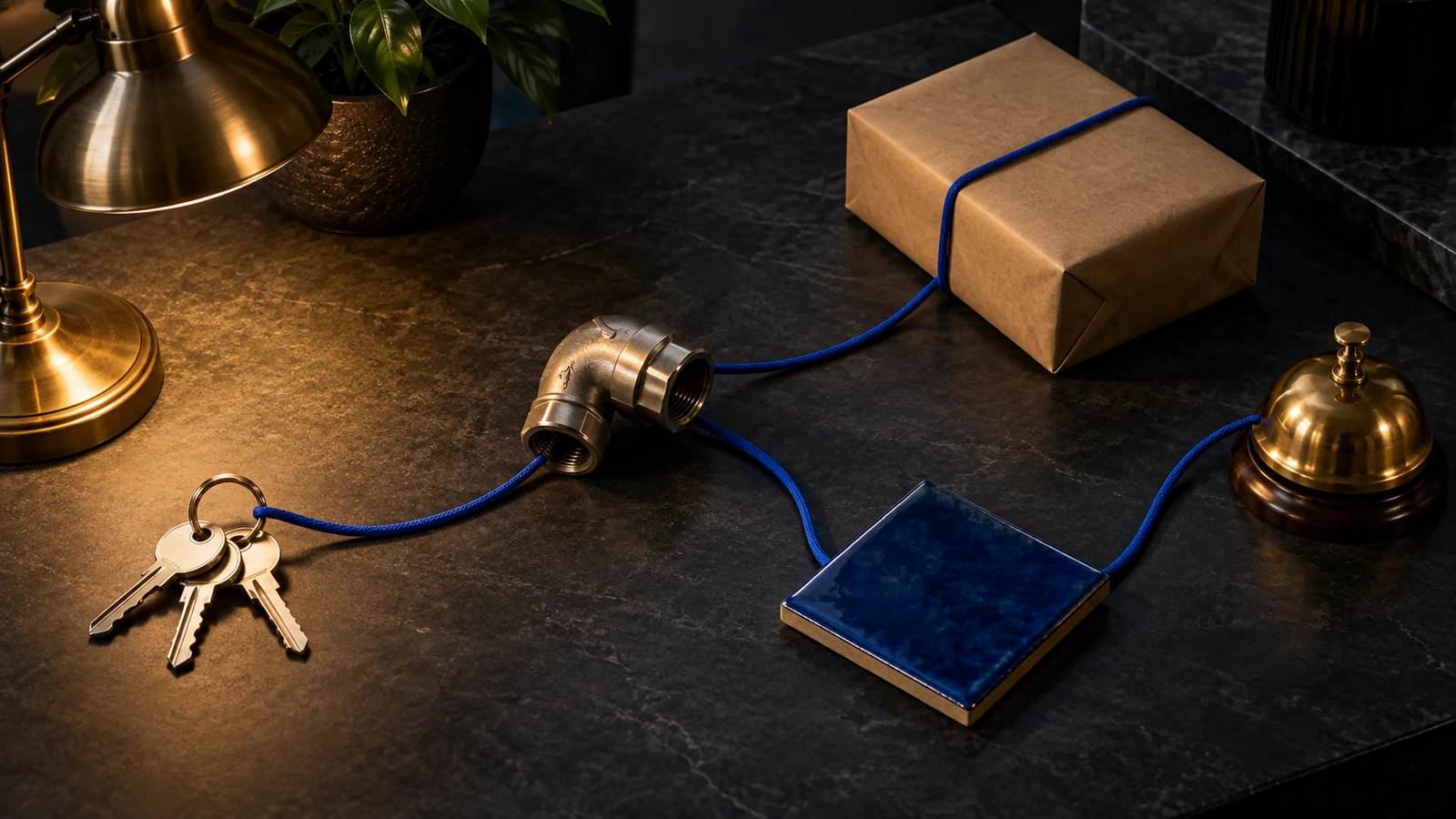 Blank keys, a plumbing fitting, a blue tile, a package, and a service bell connected by cobalt cords on a dark workbench