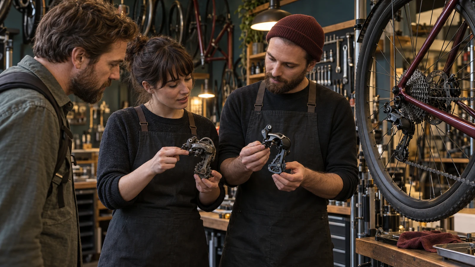 Two bicycle shop staff hold worn and new derailleurs while a customer examines the components beside a mounted bicycle
