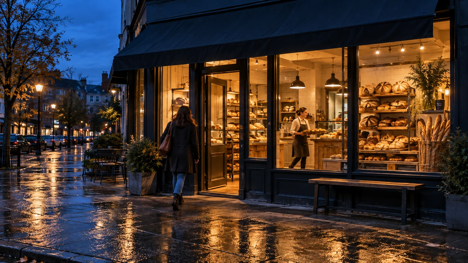 A customer approaches an unbranded neighborhood bakery while an employee carries a tray through the warm interior