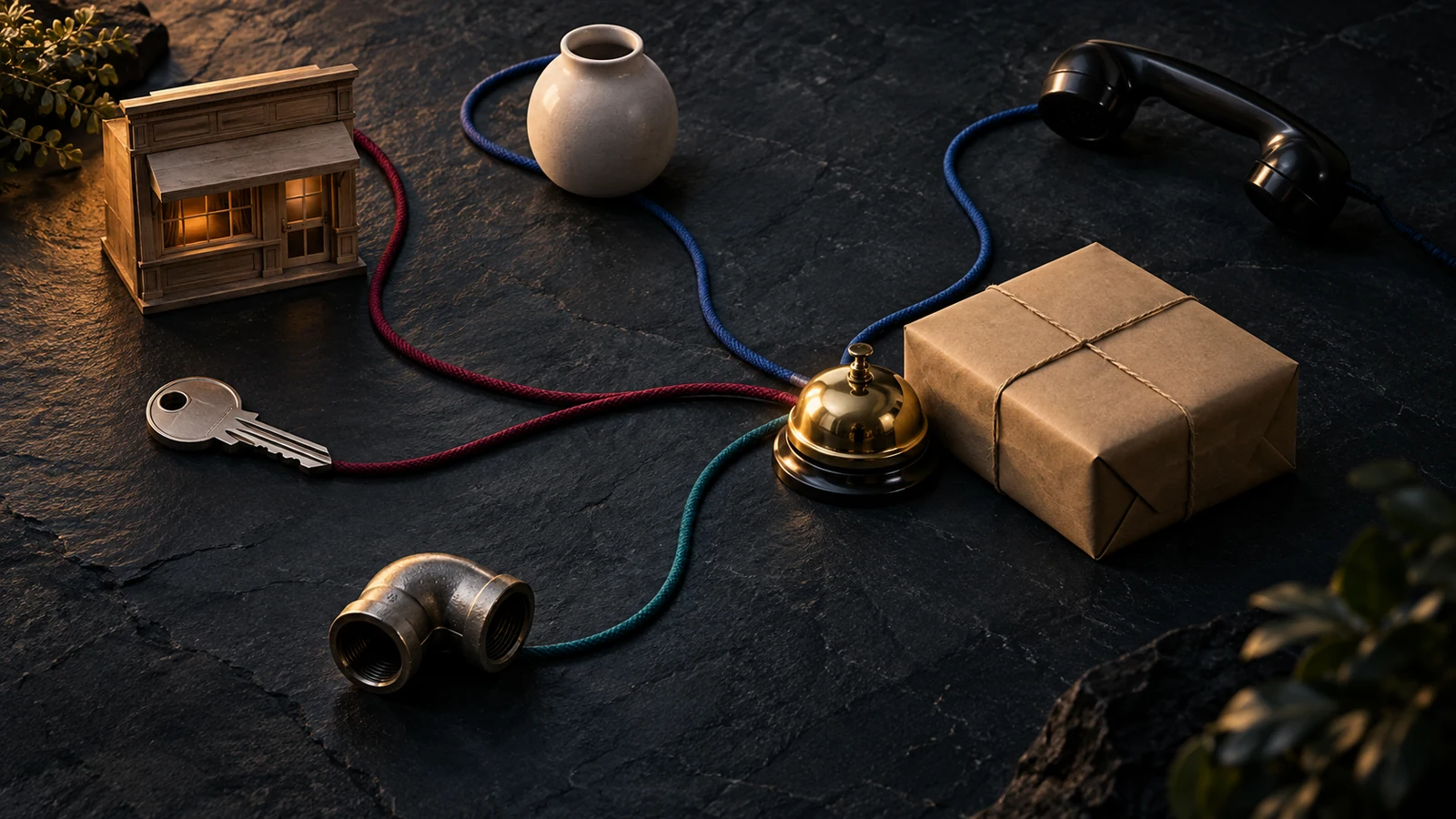 Colored cords connect a blank storefront model, service objects, a brass bell, and a sealed package on dark slate