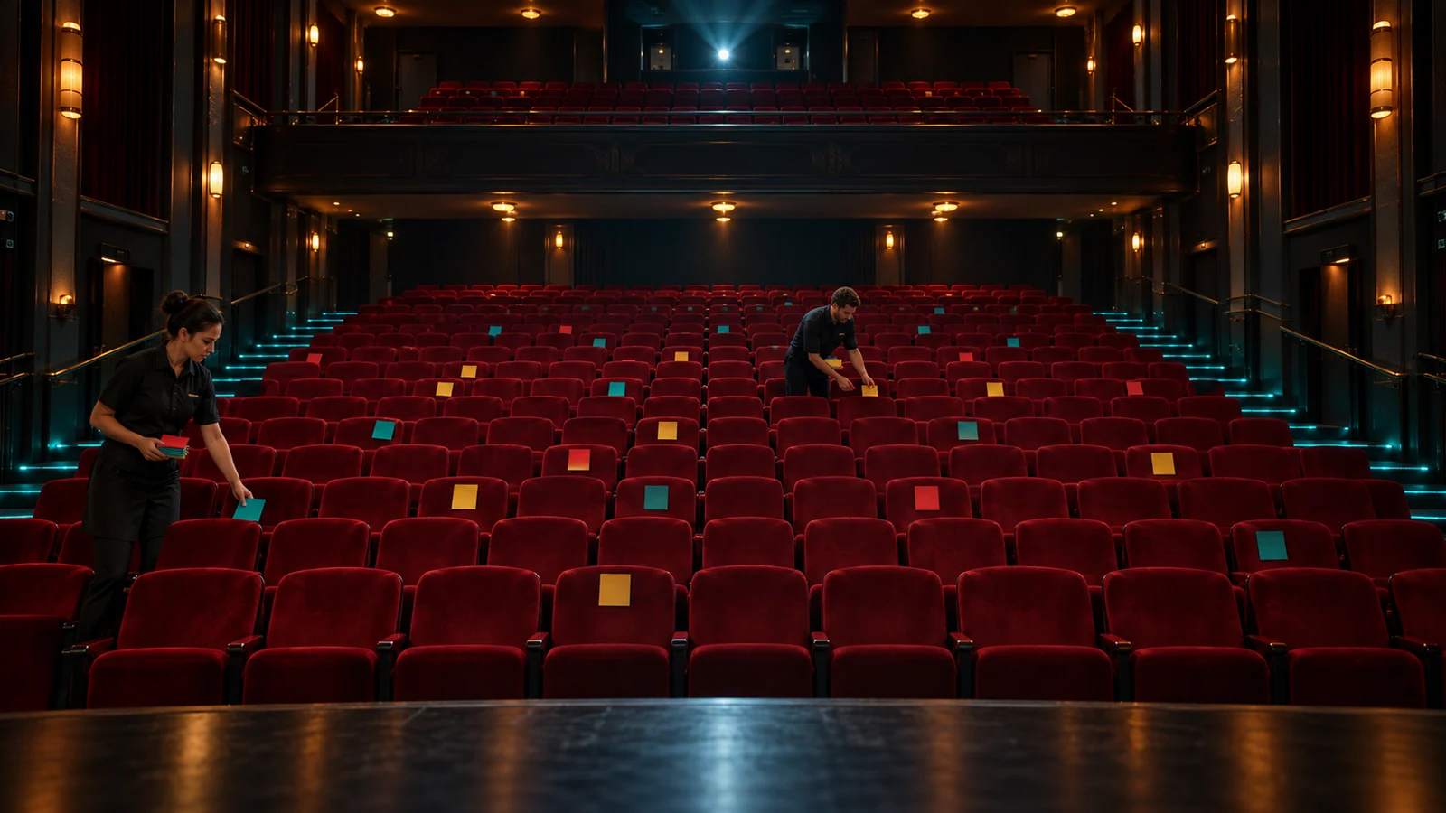 Two cinema employees correct mismatched reservation markers across rows of empty red seats