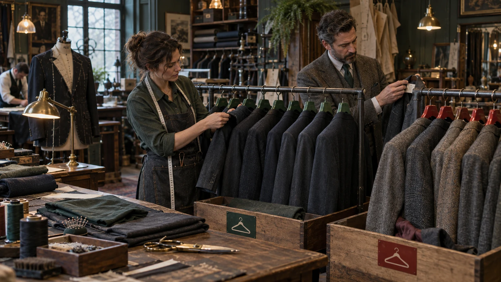 A tailor and shop manager sort finished jackets into correct and incorrect fit groups