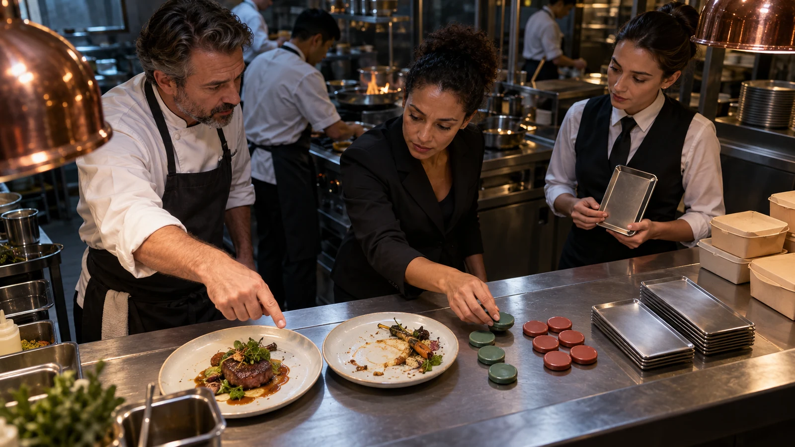 Restaurant staff separate returned plates and blank colored tokens into outcome groups at the kitchen pass
