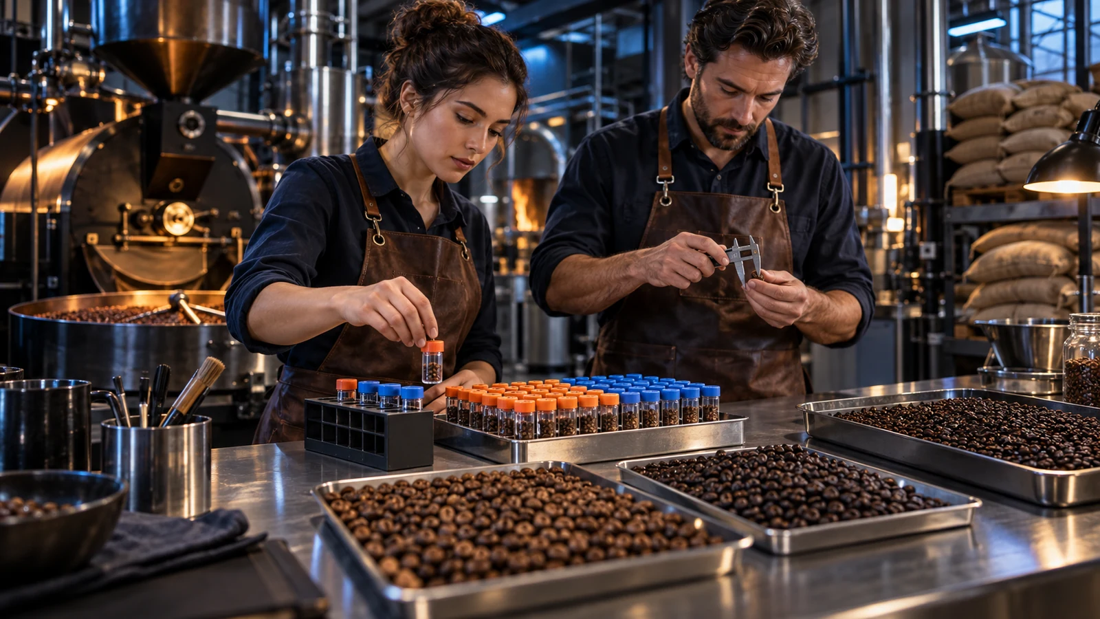 Two roastery staff compare color-coded samples with accepted and rejected coffee-bean batches