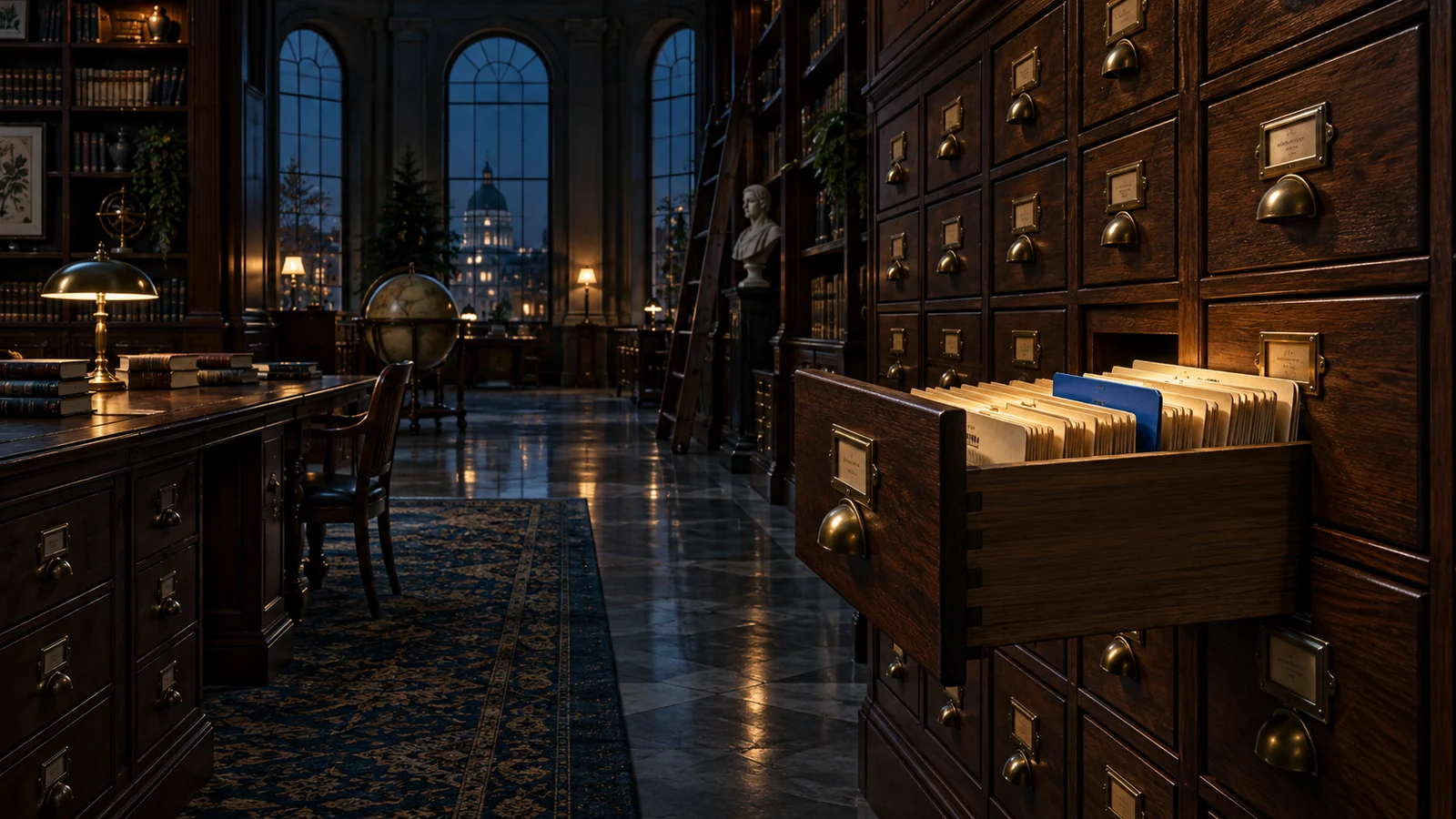 An open card-catalog drawer reveals organized source folders and one blue divider in a dark archival library