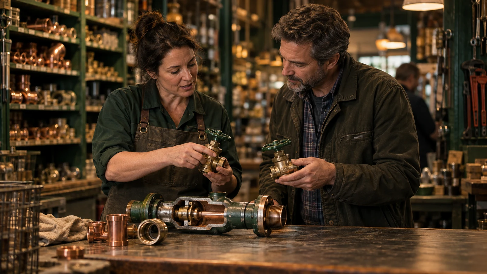 A hardware store employee and customer compare brass valves beside a cutaway pipe assembly
