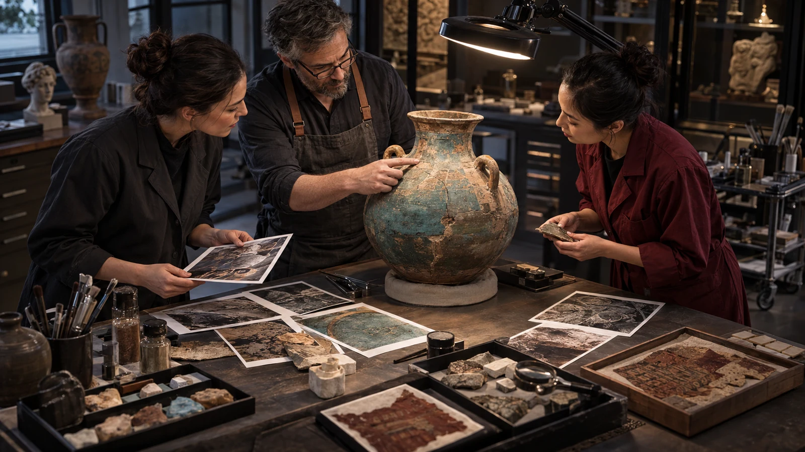 Three museum conservators inspect a repaired ceramic vessel using photographs and material samples