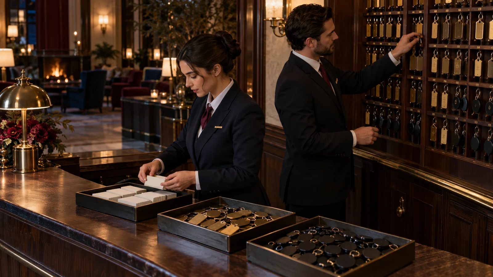 A hotel manager compares guest keys, service slips, and a booking ledger on a dark reception counter