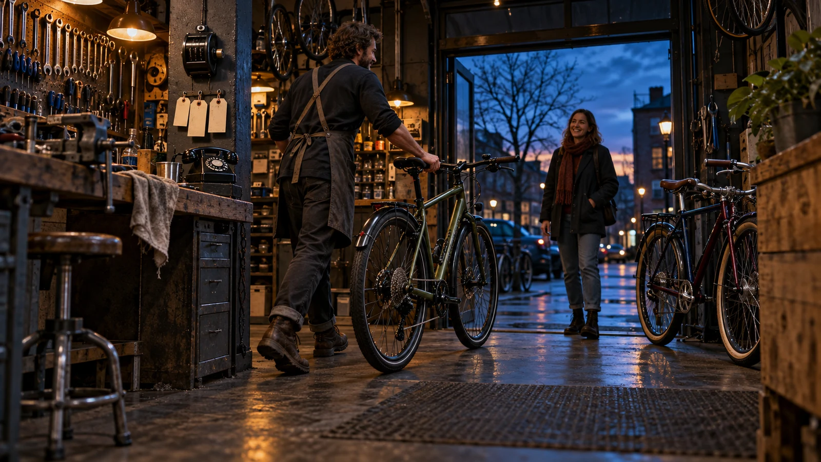 Two bicycle shop workers inspect repaired bikes beside completed work orders and customer pickup tags