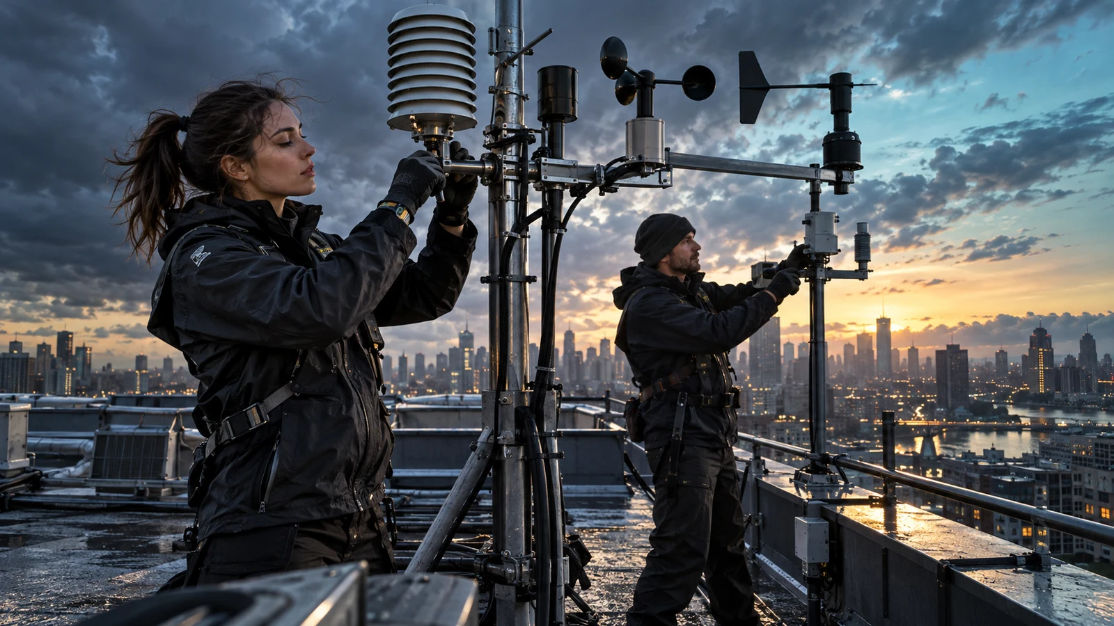 Two technicians adjust rooftop monitoring instruments above a city as storm clouds clear at dawn