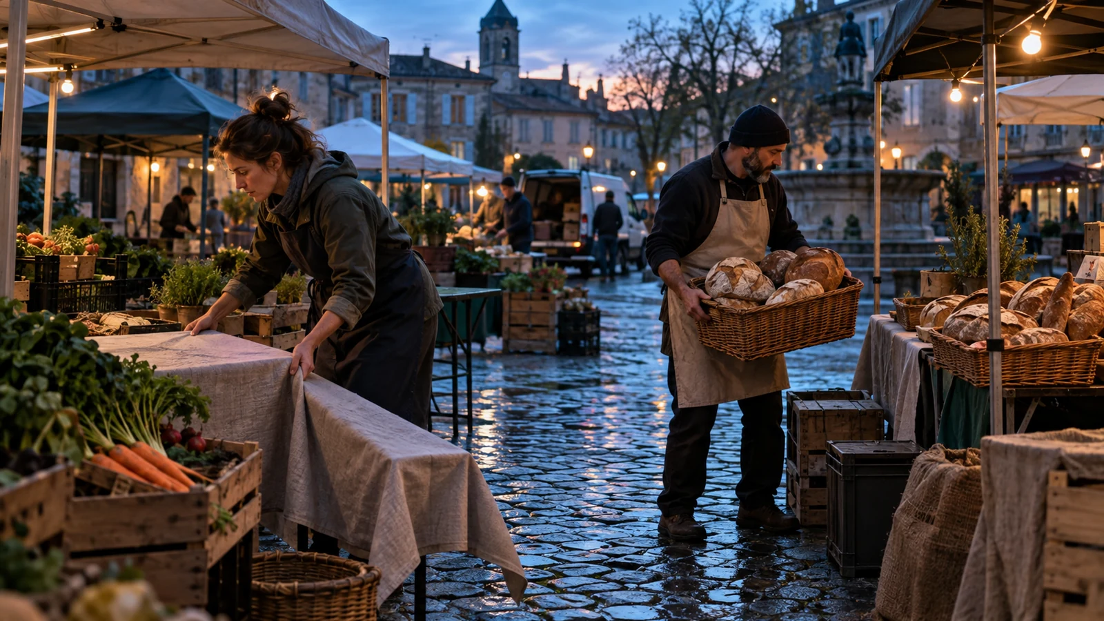 A market organizer and bakery owner arrange produce, bread, and stalls in a wet square before dawn opening